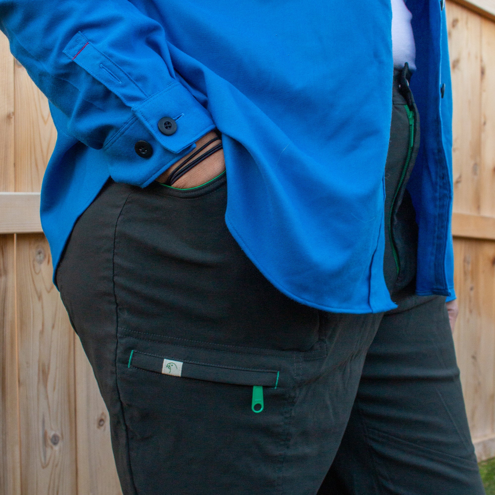 blue flannel and black pants combination